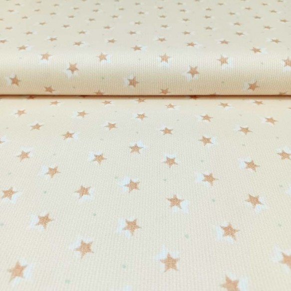 Tela piqué canutillo estampado estrellas camel