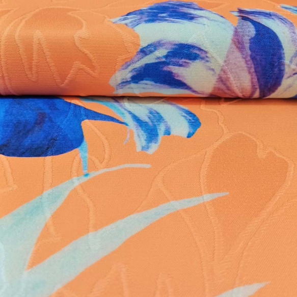 Tela Jacquard estampada hojas azules